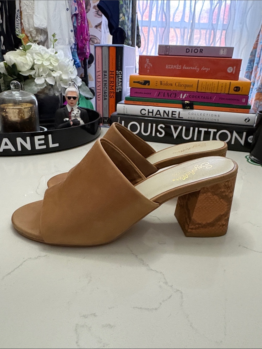 Seychelles Tan Leather Open-Toe Snake Heel Mules